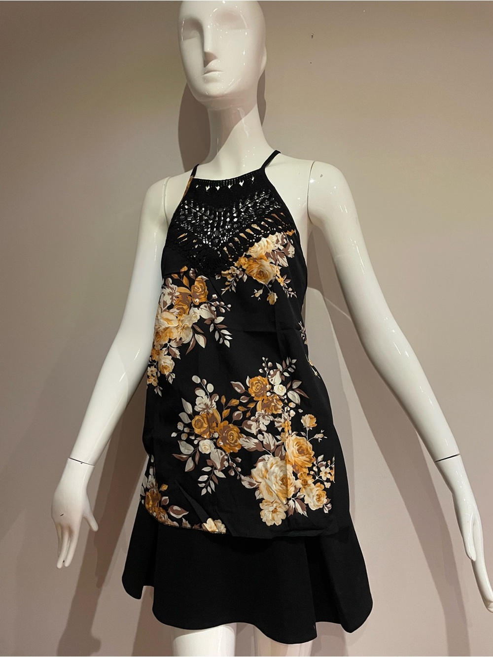 Black Floral Crochet Halter Dress with Mustard Roses
